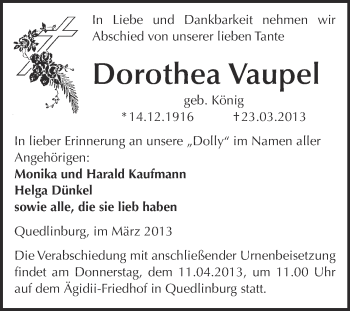 Traueranzeige von Dorothea Vaupel von WVG - Wochenspiegel Quedlinburg