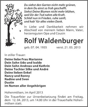 Traueranzeige von Rolf Waldenburger von WVG - Wochenspiegel NMB / WSF / ZTZ