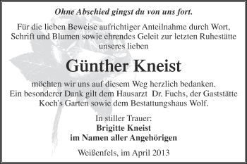 Traueranzeige von Günther Kneist von WVG - Wochenspiegel NMB / WSF / ZTZ