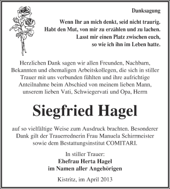 Traueranzeige von Siegfried Hagel von WVG - Wochenspiegel NMB / WSF / ZTZ