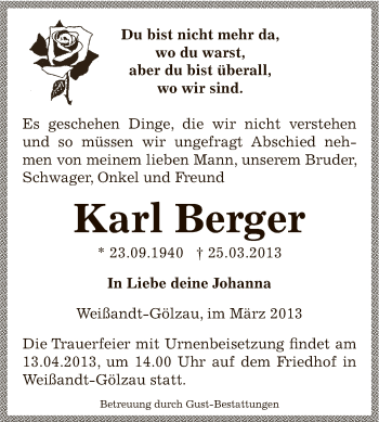 Traueranzeige von Karl Berger von WVG - Wochenspiegel Dessau / Köthen