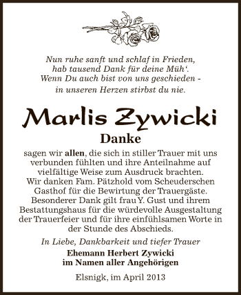 Traueranzeige von Marlis Zywicki von WVG - Wochenspiegel Dessau / Köthen