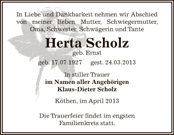 Traueranzeige von Herta Scholz von WVG - Wochenspiegel Dessau / Köthen