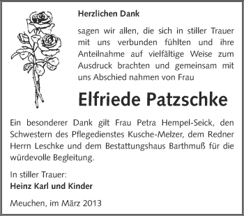 Traueranzeige von Elfriede Patzschke von WVG - Wochenspiegel Merseburg