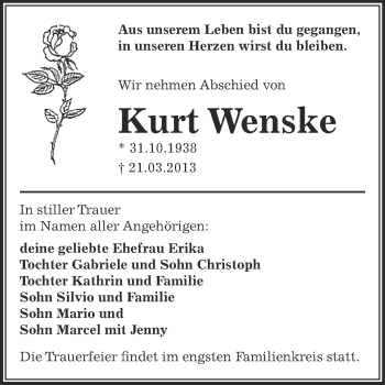 Traueranzeige von Kurt Wenske von WVG - Wochenspiegel Dessau / Köthen