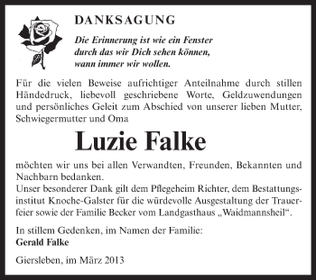 Traueranzeige von Luzie Falke von WVG - Wochenspiegel Aschersleben