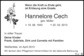 Traueranzeige von Hannelore Cech von WVG - Wochenspiegel NMB / WSF / ZTZ