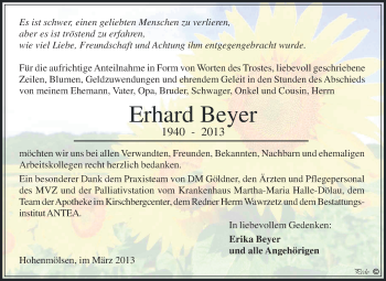 Traueranzeige von Erhard Beyer von WVG - Wochenspiegel NMB / WSF / ZTZ