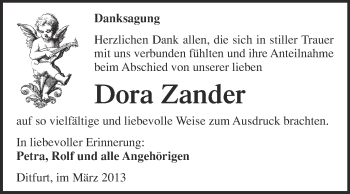 Traueranzeige von Dora Zander von WVG - Wochenspiegel Quedlinburg