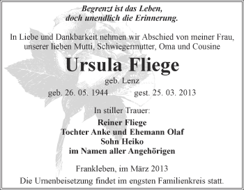 Traueranzeige von Ursula Fliege von WVG - Wochenspiegel Merseburg