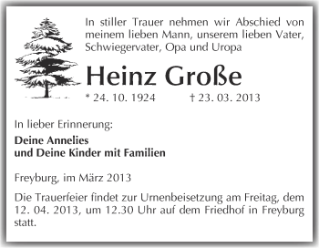 Traueranzeige von Heinz Große von WVG - Wochenspiegel NMB / WSF / ZTZ