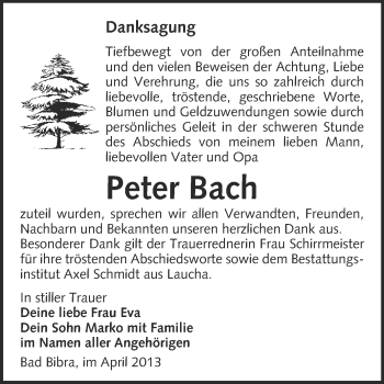 Traueranzeige von Peter Bach von WVG - Wochenspiegel NMB / WSF / ZTZ