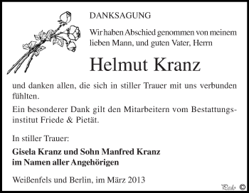 Traueranzeige von Helmut Kranz von WVG - Wochenspiegel NMB / WSF / ZTZ