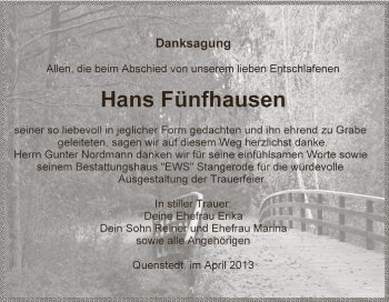 Traueranzeige von Hans Fünfhausen von Wochenspiegel Mansfelder Land