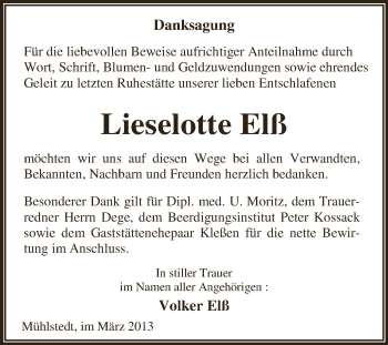 Traueranzeige von Lieselotte Elß von WVG - Wochenspiegel Dessau / Köthen