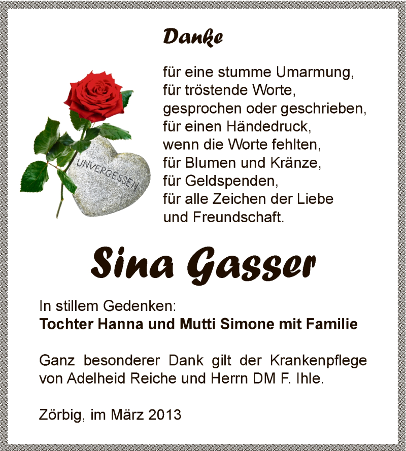  Traueranzeige für Sina Gasser vom 03.04.2013 aus WVG - Wochenspiegel Bitterfeld