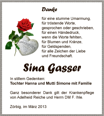 Traueranzeige von Sina Gasser von WVG - Wochenspiegel Bitterfeld