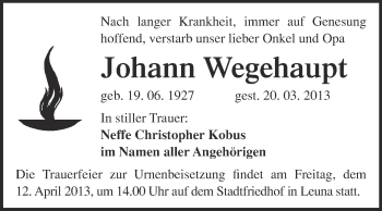 Traueranzeige von Johann Wegehaupt von WVG - Wochenspiegel Merseburg
