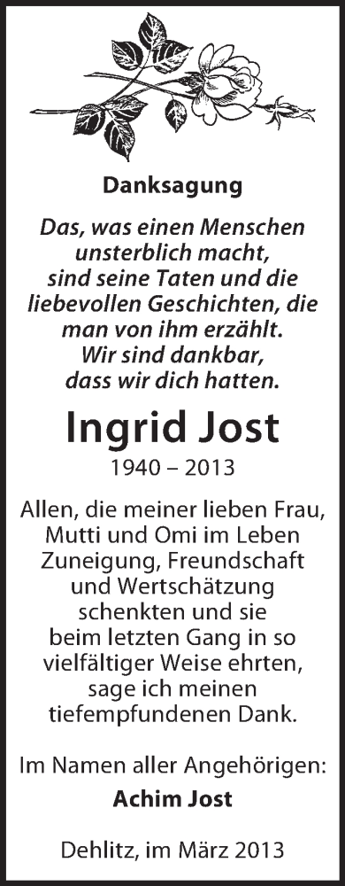  Traueranzeige für Ingrid Jost vom 03.04.2013 aus WVG - Wochenspiegel NMB / WSF / ZTZ