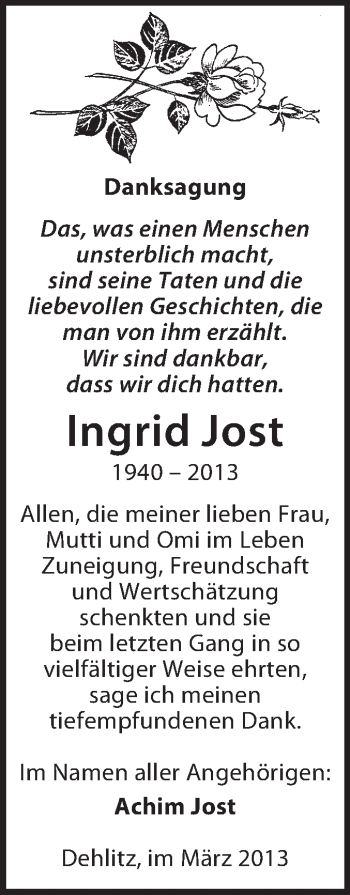 Traueranzeige von Ingrid Jost von WVG - Wochenspiegel NMB / WSF / ZTZ