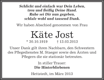 Traueranzeige von Käte Jost von Wochenspiegel Mansfelder Land