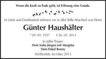 Traueranzeige von Günter Haushälter von WVG - Wochenspiegel NMB / WSF / ZTZ