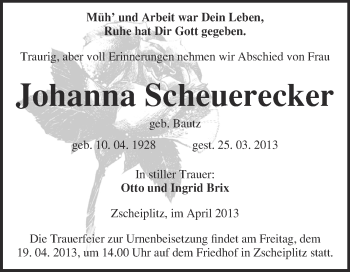 Traueranzeige von Johanna Scheuerecker von WVG - Wochenspiegel NMB / WSF / ZTZ