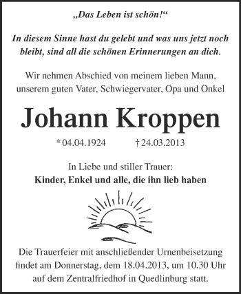 Traueranzeige von Johann Kroppen von WVG - Wochenspiegel Quedlinburg