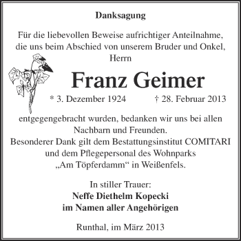 Traueranzeige von Franz Geimer von WVG - Wochenspiegel NMB / WSF / ZTZ