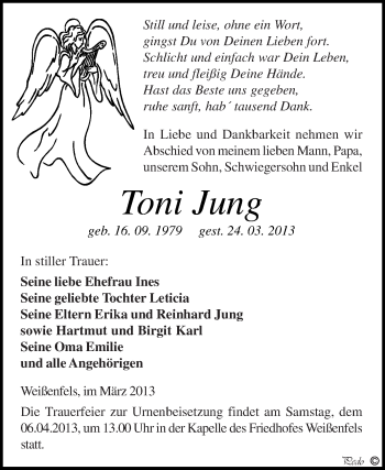 Traueranzeige von Toni Jung von WVG - Wochenspiegel NMB / WSF / ZTZ