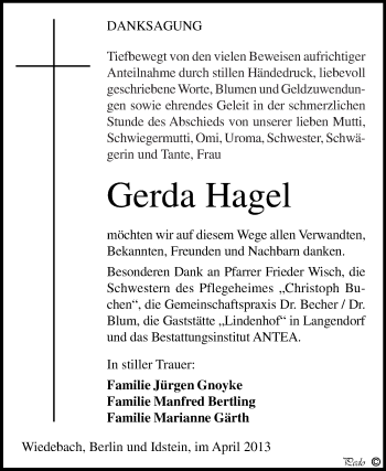 Traueranzeige von Gerda Hagel von WVG - Wochenspiegel NMB / WSF / ZTZ