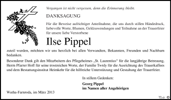 Traueranzeige von Ilse Pippel von WVG - Wochenspiegel NMB / WSF / ZTZ