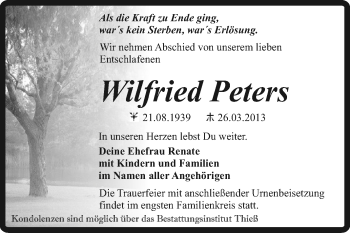 Traueranzeige von Wilfried Peters von WVG - Wochenspiegel Quedlinburg