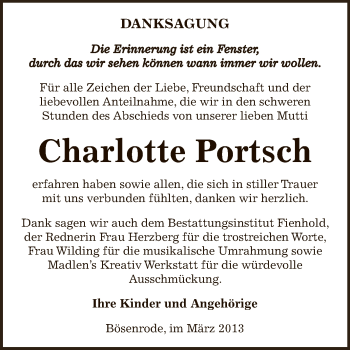 Traueranzeige von Charlotte Portsch von WVG - Wochenspiegel SGH