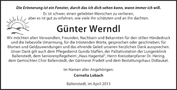 Traueranzeige von Günter Werndl von WVG - Wochenspiegel Quedlinburg