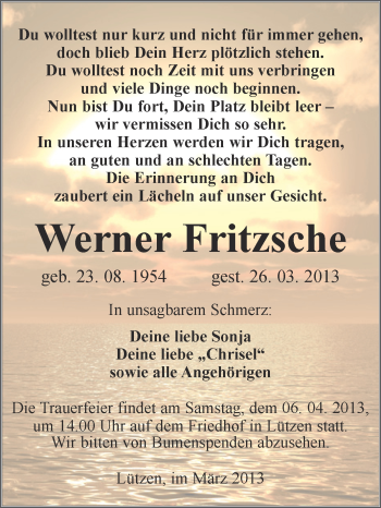 Traueranzeige von Werner Fritzsche von Super Sonntag Merseburg