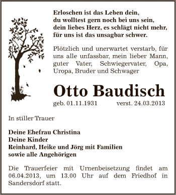 Traueranzeige von Otto Baudisch von WVG - Wochenspiegel Bitterfeld