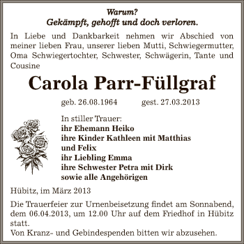 Traueranzeige von Carola Parr-Füllgraf von Wochenspiegel Mansfelder Land