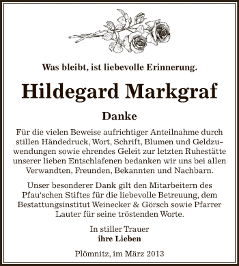 Traueranzeige von Hildegard Markgraf von Super Sonntag Bernburg