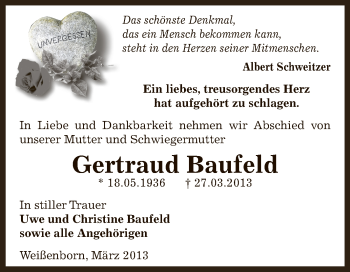 Traueranzeige von Gertraud Baufeld von Super Sonntag Zeitz
