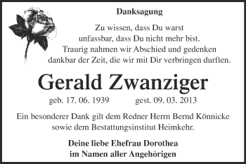 Traueranzeige von Gerald Zwanziger von WVG - Wochenspiegel NMB / WSF / ZTZ