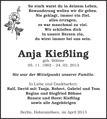 Traueranzeige von Anja Kießling von WVG - Wochenspiegel NMB / WSF / ZTZ