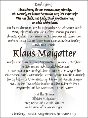 Traueranzeige von Klaus Maigatter von WVG - Wochenspiegel SGH