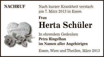 Traueranzeige von Herta Schüler von Super Sonntag Zeitz