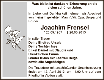 Traueranzeige von Joachim Frensel von WVG - Wochenspiegel Bitterfeld