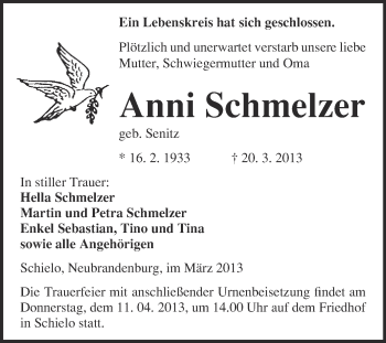 Traueranzeige von Anni Schmelzer von WVG - Wochenspiegel Quedlinburg