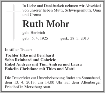 Traueranzeige von Ruth Mohr von Super Sonntag Merseburg