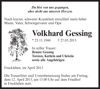 Traueranzeige von Volkhard Gessing von WVG - Wochenspiegel Aschersleben