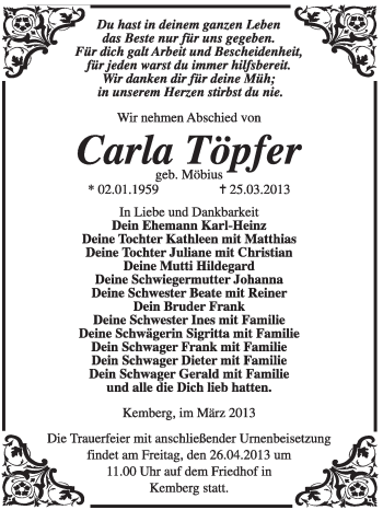 Traueranzeige von Carla Töpfer von WVG - Wochenspiegel Wittenberg