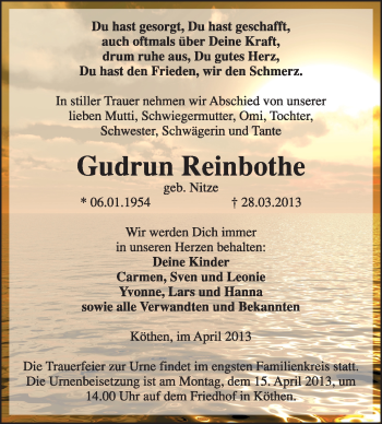 Traueranzeige von Gudrun Reinbothe von Super Sonntag Dessau / Köthen